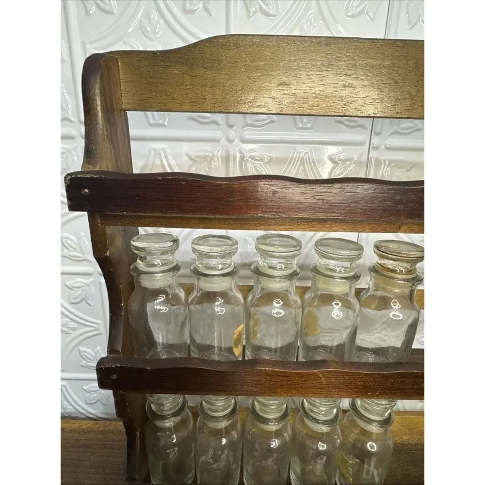 Vintage Wall Hanging Wooden Spice Rack With Glass Spice Jars